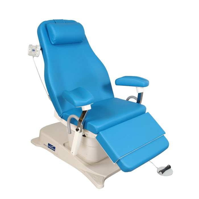 EMotio® PLUS onderzoekstafel - hoog/laag - met arm/beensteunen + tilt positie + hoofdsteun + voetpedaal en 4 geprogrameerde posities + wieltjes