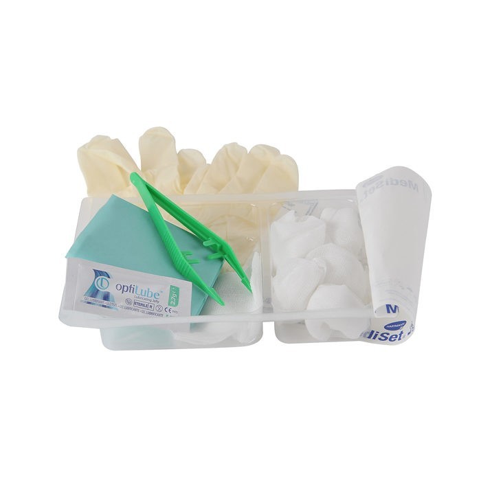 Steriele sondageset voor verblijfsonde Hartmann - 5 gaasdeppers + 1 gaaskompres 7,5cm + 1 anatomische pincet + 2 handschoenen + 1 veld 60x60cm + 1 glijmiddel - 1 stuks