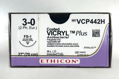 Vicryl PLUS 3-0 - 70cm - Kleurloos - Met naald van 24mm en 3/8C - 36 stuks