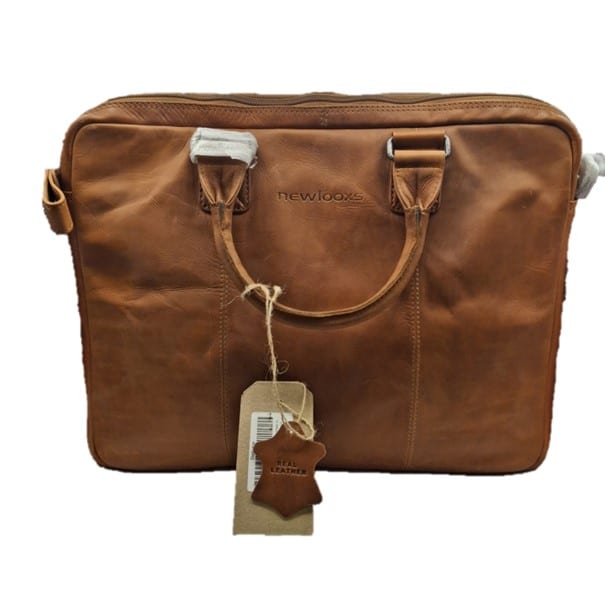 Lederen fietstas/schoudertas/laptoptas - Cognac - 40 x 11 x 31cm
